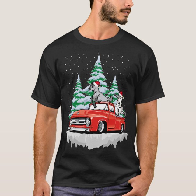 Goat Riding Red Truck Xmas Merry Christmas T-Shirt (Front)