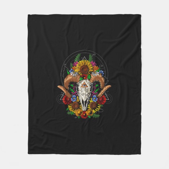 Goat Skull Psychedelic Sunflowers Fleece Blanket (Front)