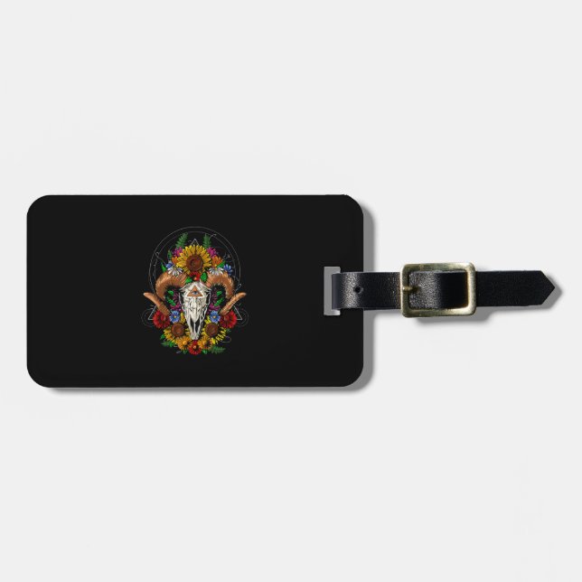 Goat Skull Psychedelic Sunflowers Luggage Tag (Front Horizontal)