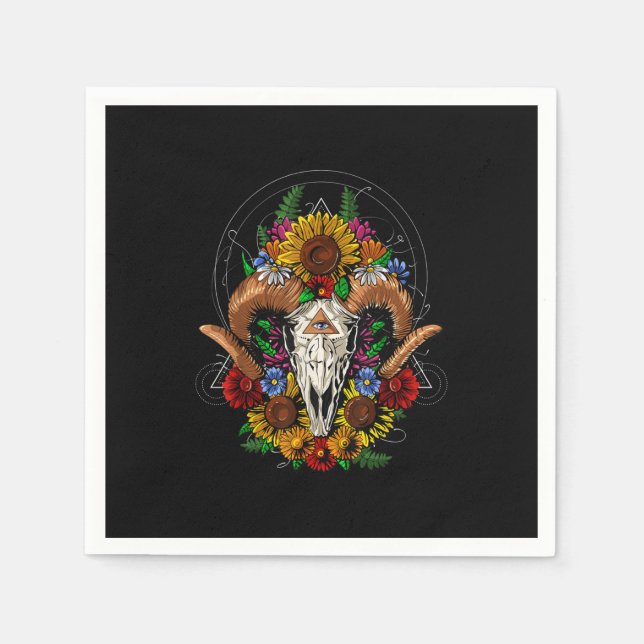 Goat Skull Psychedelic Sunflowers Napkin (Front)
