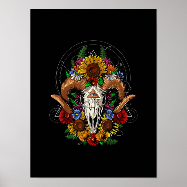 Goat Skull Psychedelic Sunflowers Poster (Front)