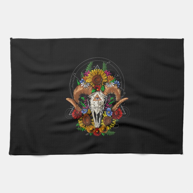 Goat Skull Psychedelic Sunflowers Tea Towel (Horizontal)