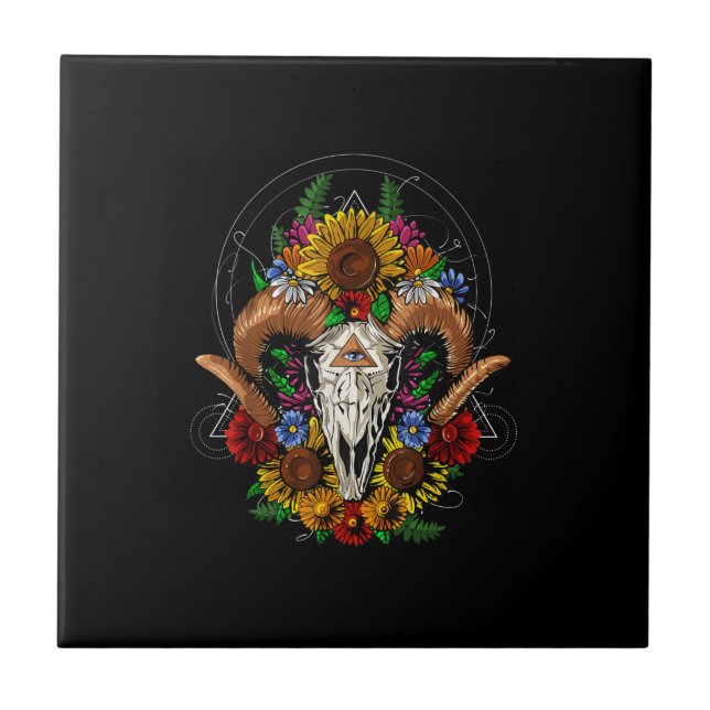 Goat Skull Psychedelic Sunflowers Tile (Front)