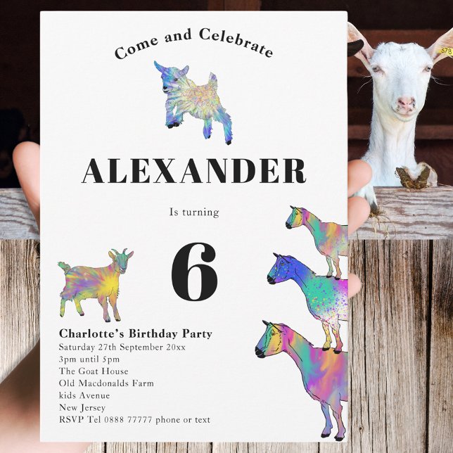 Goat Themed 6th Birthday Party Invitation (Cute goats colorful watercolor farm animal art 6th birthday party invitation)