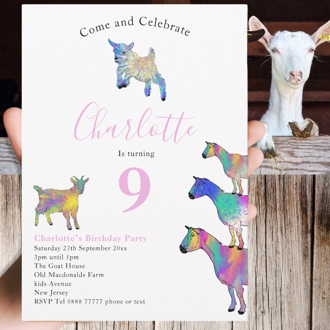 Goat Themed 9th Birthday Party Pink Invitation (Cute goats colorful farm animal art 9th birthday party invitation )