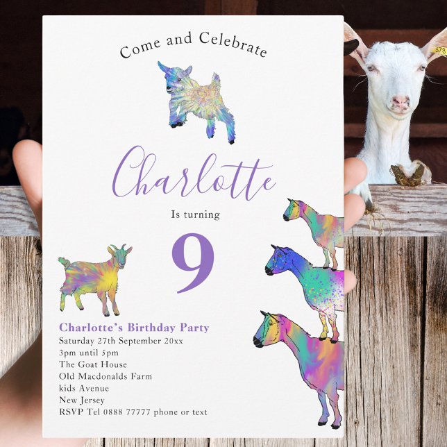 Goat Themed Animal Lovers Birthday Party Purple Invitation (Cute goats colorful farm animals watercolor art 9th birthday party invitation)