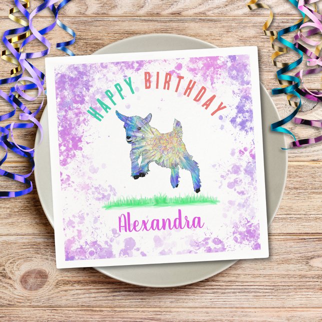 Goat Themed Birthday Party Colourful Farm Animal  Napkin (Cute goat themed birthday party custom napkin colorful farm animal watercolor art)