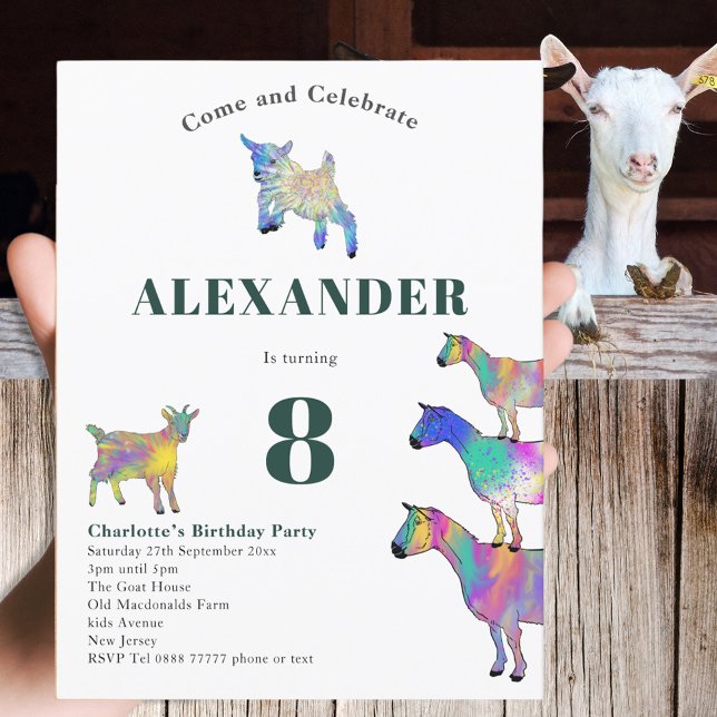 Goat Themed Birthday Party Green Invitation Postcard (Cute goats colorful farm animal art 8th birthday party budget invitation postcard )