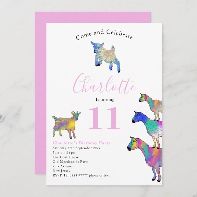 Goat Themed Birthday Party Pink Invitation (Front/Back)