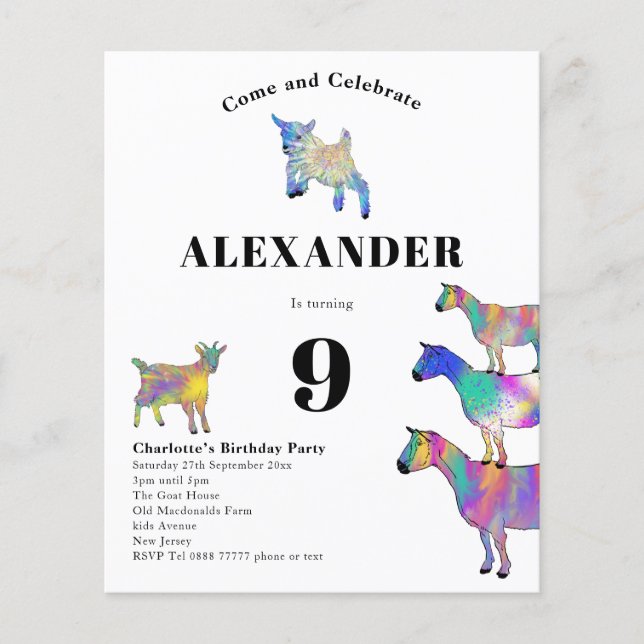 Goat Themed Fun Birthday Party Budget Flyer (Front)