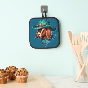Goat Wearing a Stylish Cowboy Hat and Bandanna Pot Holder