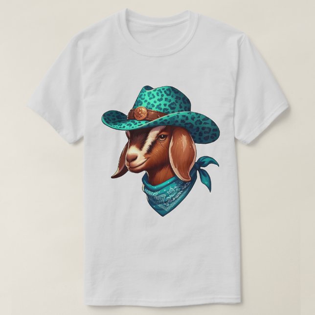 Goat Wearing a Stylish Cowboy Hat and Bandanna T-Shirt (Design Front)