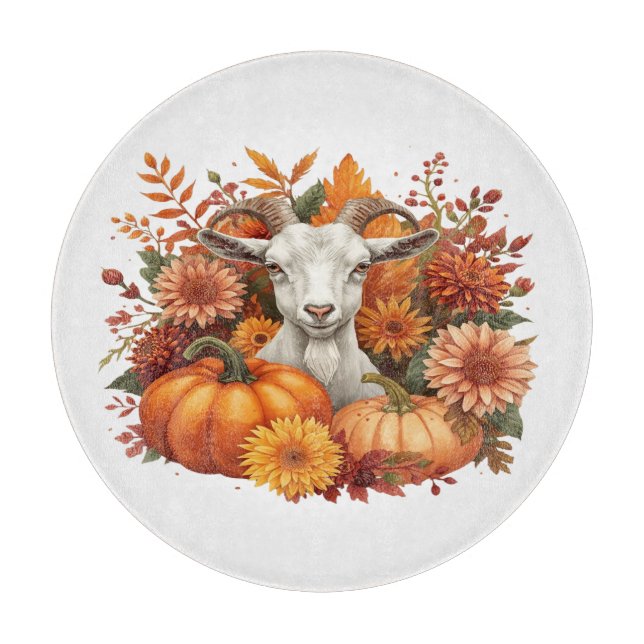 Goat with Autumn Blooms & Pumpkins Cutting Board (Front)