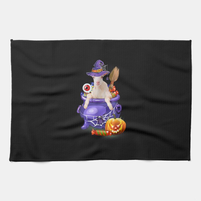 Goat With Hat Candy Pumpkin Halloween Gift Tea Towel (Horizontal)