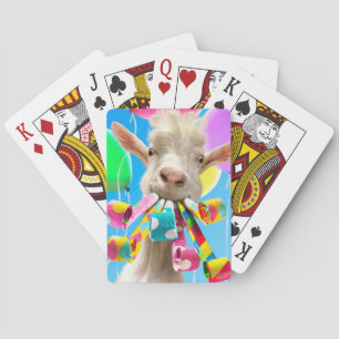 Goat with Party Blowers Playing Cards