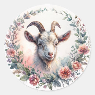 Goat Within Floral Wreath Watercolor Classic Round Sticker
