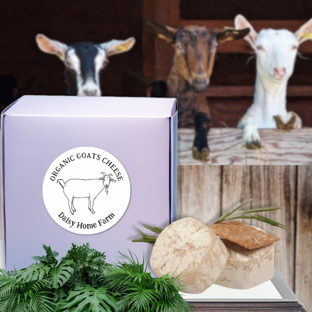 Goats Cheese Business Name Simple Black and White Classic Round Sticker (Goats cheese custom business name black and white simple farm produce label cute goat line drawing )