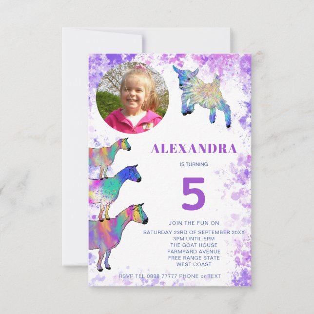 Goats colourful 5th Birthday Photo Purple Invitation (Front)