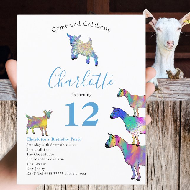 Goats Farm Animal 12th Birthday Party Blue Invitation Postcard (Cute goats colorful farm animal watercolor art 12th birthday party budget invitation )