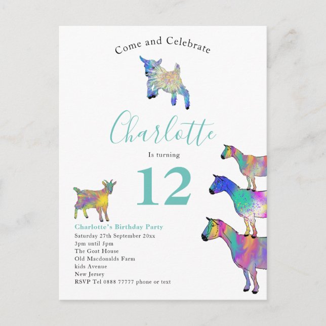 Goats Farm Animal Birthday Party Teal Invitation Postcard (Front)