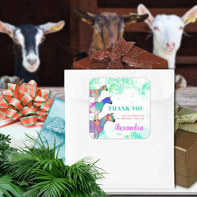 Goats Farm Animal Birthday Party Thank You Square Sticker (Cute goats farm animal watercolor custom birthday party thank you favor sticker colorful animal art)
