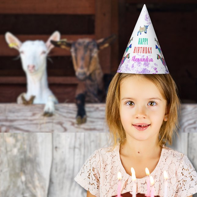 Goats Farm Animal Happy Birthday Hat (Cute goats farm birthday party custom paper hat with colorful watercolor animal art)