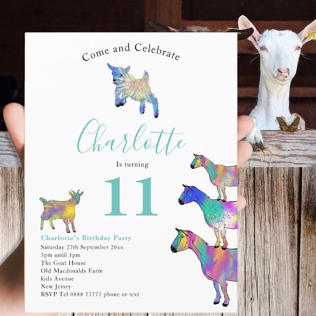 Goats Farm Animal Watercolor Birthday Party Budget Invitation Postcard (Cute goats colorful farm animal watercolor art 11th birthday party budget invitation postcard)
