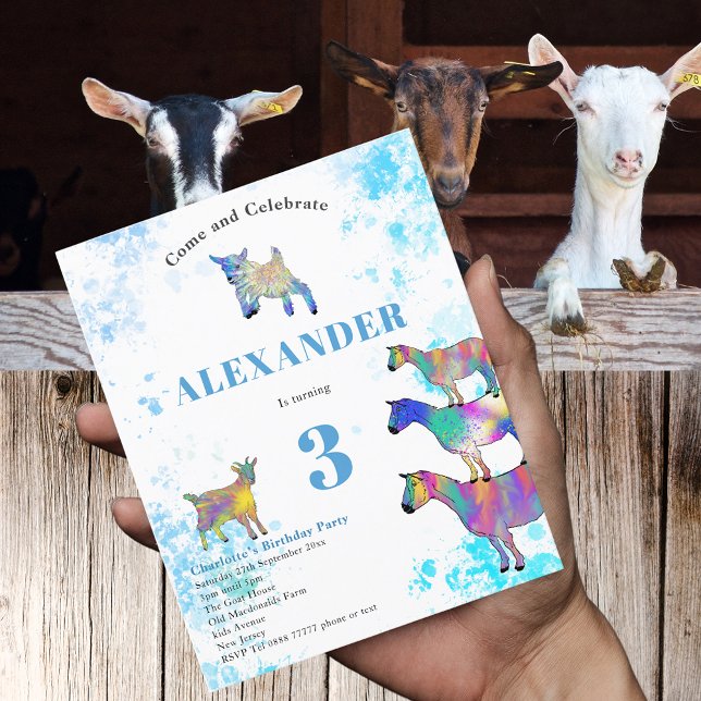Goats Farm Animals 3rd Birthday Party Blue Budget (Cute goats colorful farm animal watercolor art 3rd birthday party blue budget invitation )