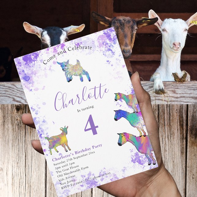 Goats Kids 5th Birthday Photo Purple Invitation Postcard (Cute goats farm animal watercolor colorful 4th birthday party budget invitation postcard )