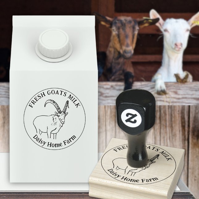 Goats Milk Dairy Business Name Black and White Rubber Stamp (Goats milk custom ink rubber stamp with simple goat line drawing and business name)