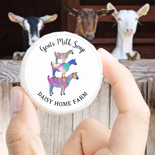 Goats Milk Soap add Name Colourful Farm Animal Art Classic Round Sticker (Goats milk soap custom small business produce label sticker cute colorful goats farm animal art )