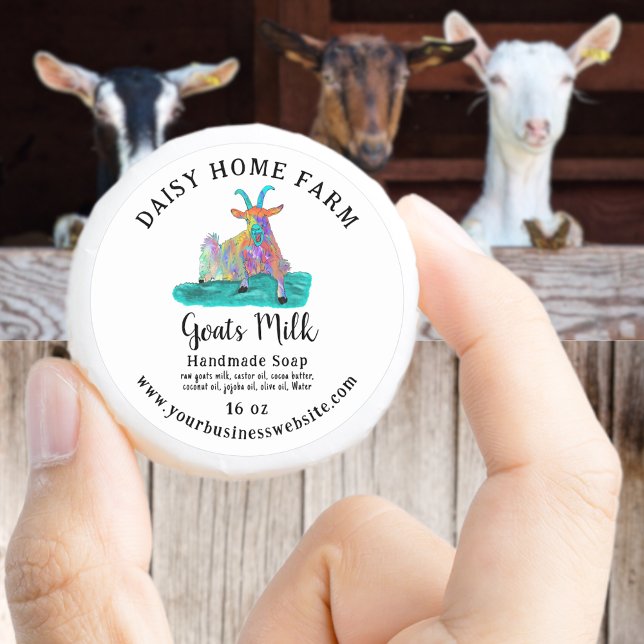 Goats Milk Soap Business Name Website Colourful Classic Round Sticker (Goats milk soap colorful screaming goat custom business name website ingredients weight label)