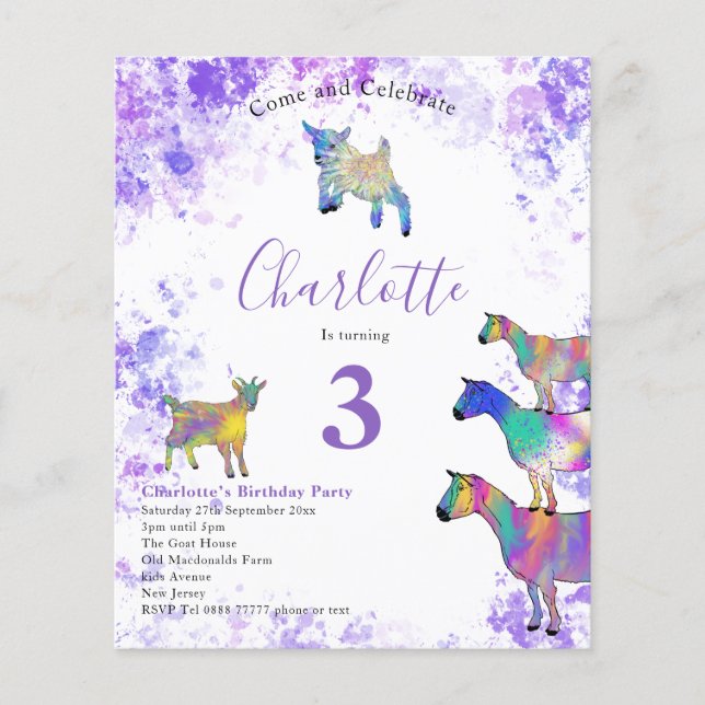 Goats Watercolor Birthday Party Purple Budget Flyer (Front)
