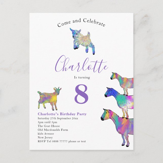 Goats Watercolor Birthday Party Purple Invitation Postcard (Front)