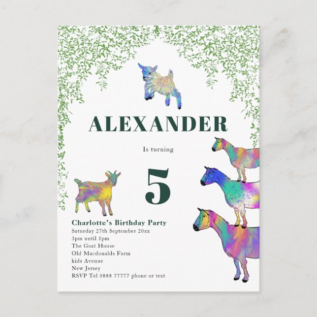 Goats Watercolor Foliage Birthday Party Invitation Postcard (Front)