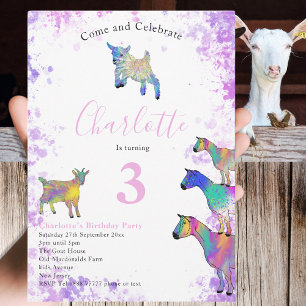 Goats Watercolor Girls Birthday Party Pink Invitation