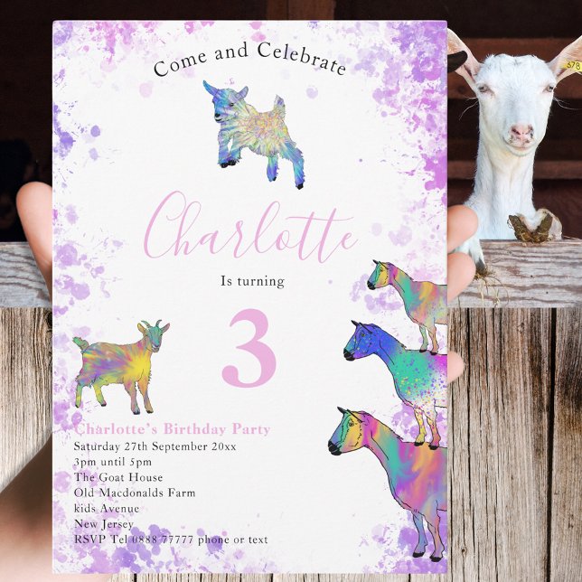 Goats Watercolor Girls Birthday Party Pink Invitation (Cute goats colorful farm animal watercolor art 3rd birthday party invitation)