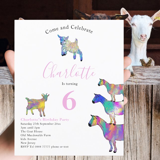 Goats Watercolor Kids Birthday Party Pink (Cute goats farm animal themed 6th birthday party budget invitation watercolor colorful animal art)