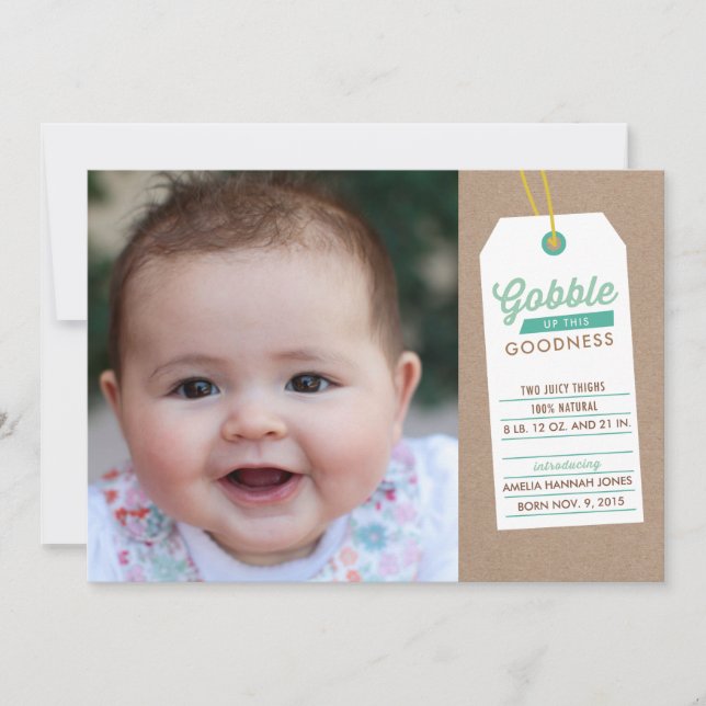 Gobble Baby Up Birth Announcement Teal (Front)