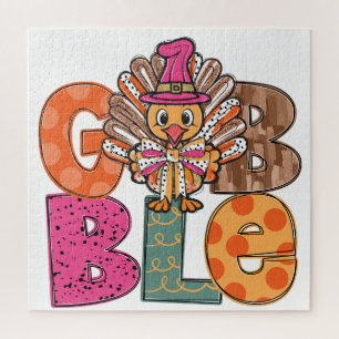 Gobble Funny Thanksgiving Turkey Dinner Fun Kids b Jigsaw Puzzle
