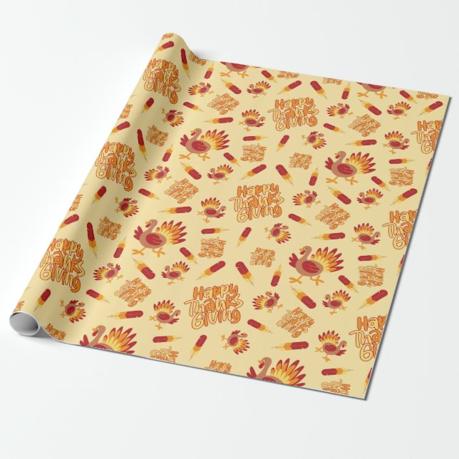 Gobble & Give Thanks Happy Turkey Festive Seamless Wrapping Paper (Unrolled)