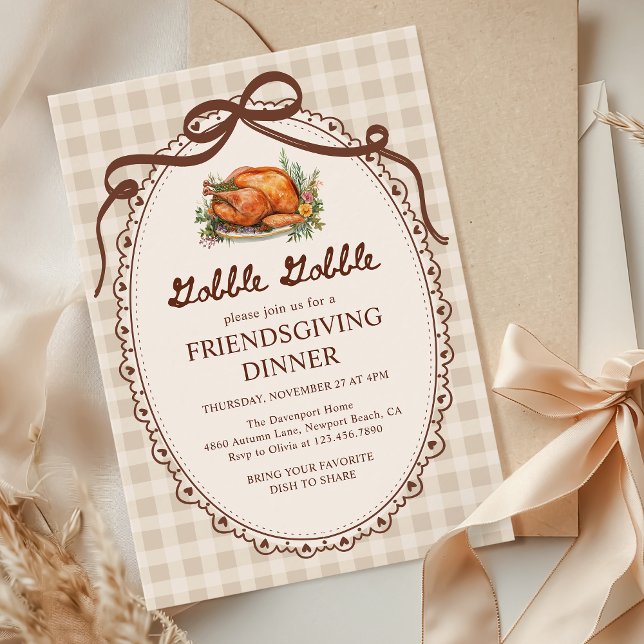 Gobble Gobble Turkey Gingham Friendsgiving Dinner Invitation (Creator Uploaded)