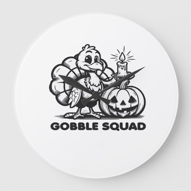 Gobble Squad  Funny Thanksgiving Turkey Design  Fa Large Clock (Front)
