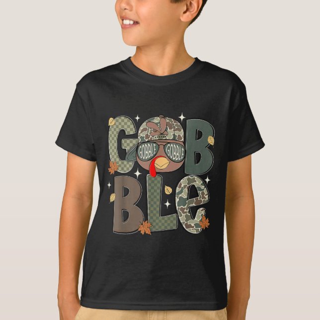 Gobble Turkey Camo Hat Thanksgiving Boys Youth Kid T-Shirt (Front)