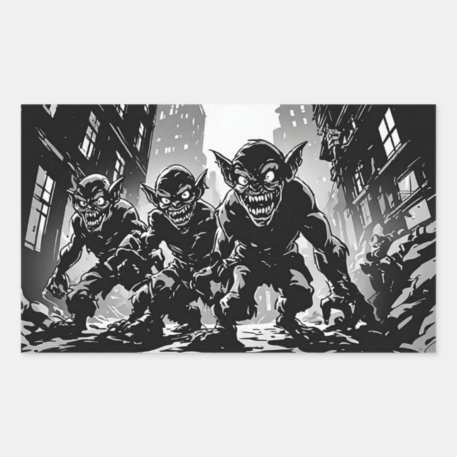Goblin Demons Derelict City BW Retro Comic Style  Rectangular Sticker (Front)