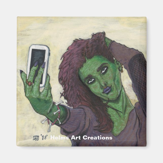 Goblin Girl Cell Phone Selfie Button Magnet (Front)