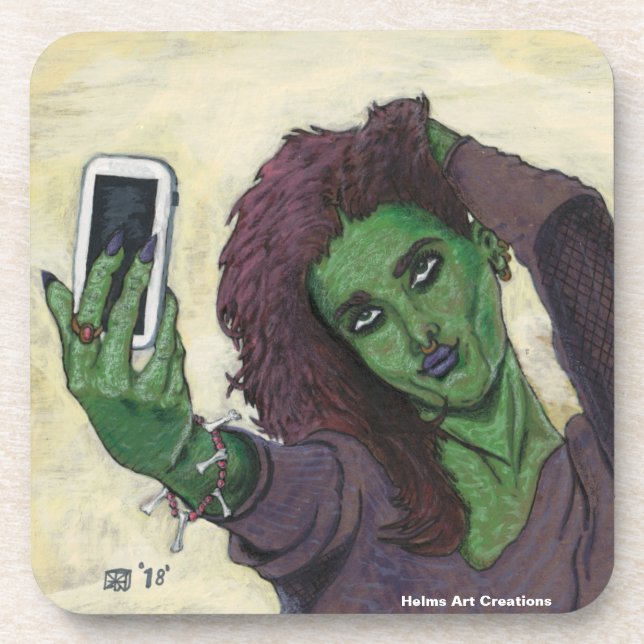 Goblin Girl Cell Phone Selfie Plastic Coaster (Front)
