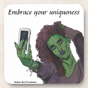 Goblin Girl Cell Phone Selfie Plastic Coaster Set