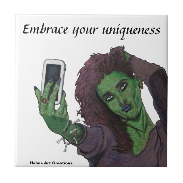 Goblin Girl Phone Selfie Fantasy Art Ceramic Tile (Front)