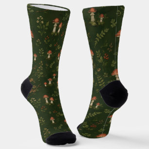Goblincore Deep Forest Green Amanita Mushrooms Socks